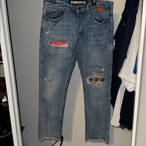 Billionaire Boys Club Blue ripped distressed Jeans with Colorful Patches